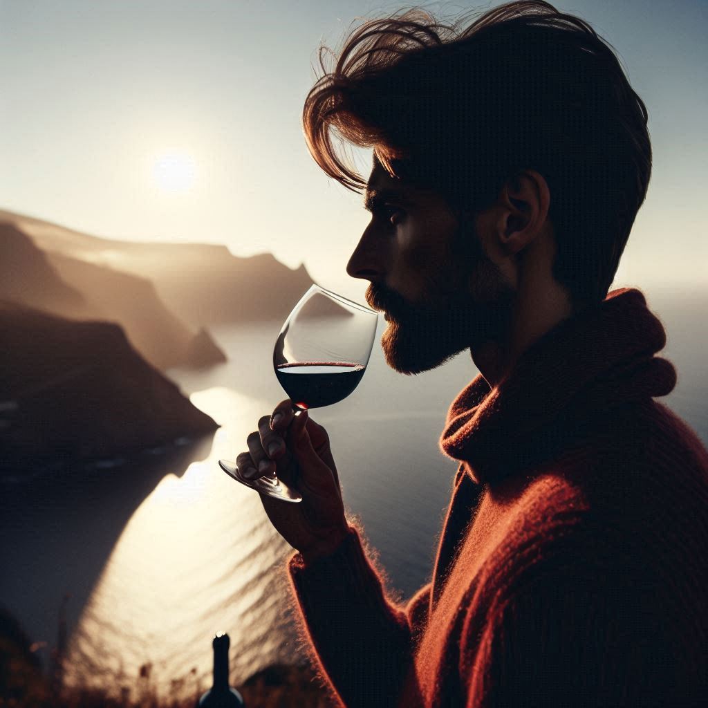 Persona con una copa de vino frente al mar